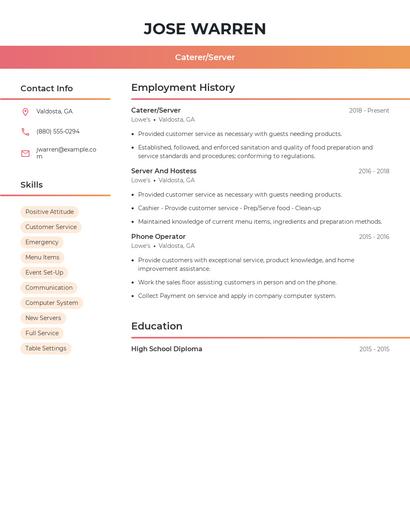 Caterer/Server Resume