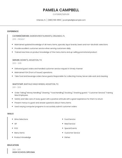 Caterer/Server Resume