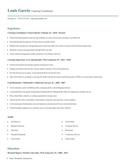 Catering Coordinator Resume