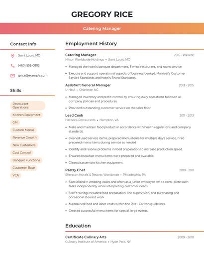 Catering Manager Resume