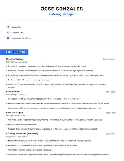 Catering Manager Resume