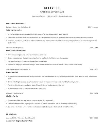 Catering Supervisor Resume