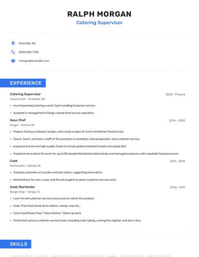 Catering Supervisor Resume