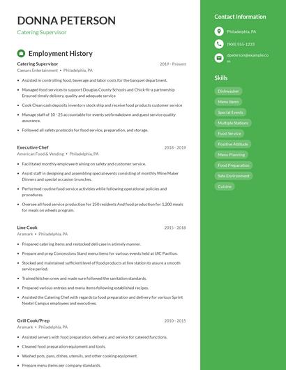 Catering Supervisor Resume