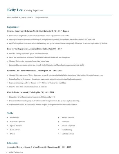 Catering Supervisor Resume