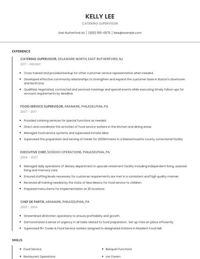 Catering Supervisor Resume