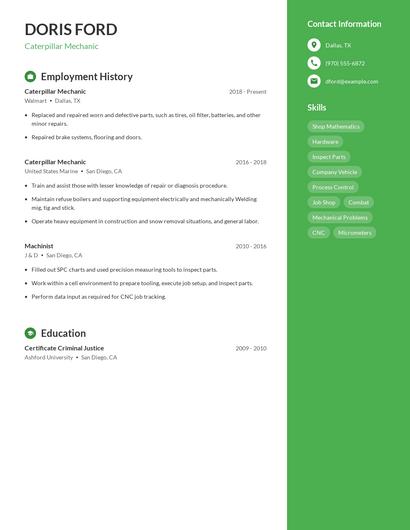 Caterpillar Mechanic Resume
