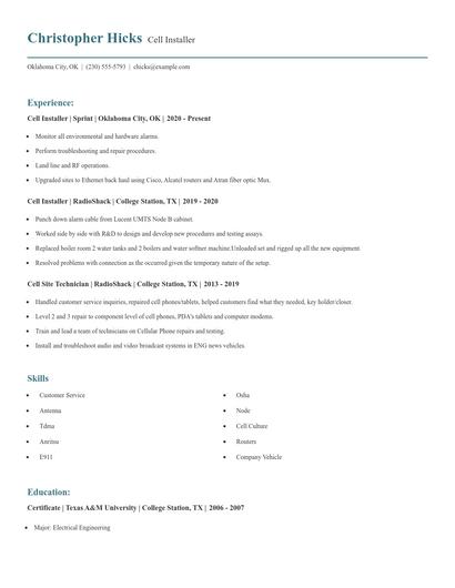 Cell Installer Resume