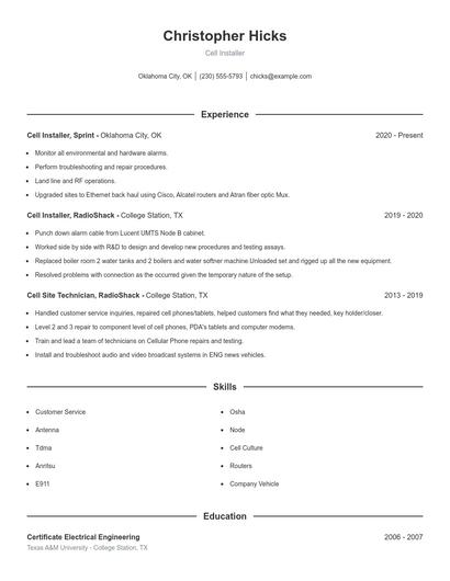 Cell Installer Resume