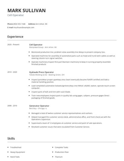 Cell Operator Resume