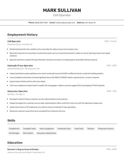 Cell Operator Resume