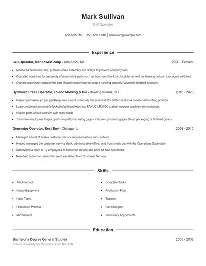Cell Operator Resume