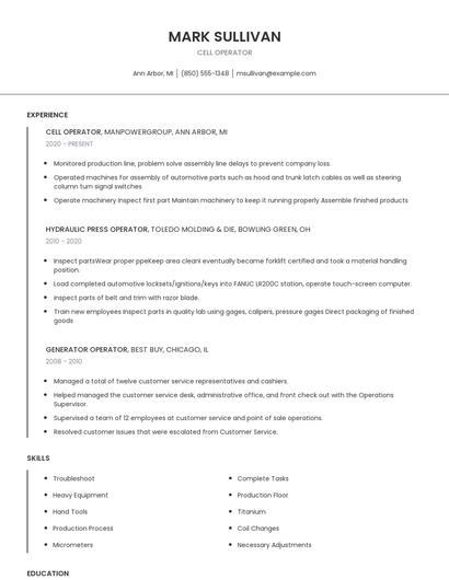 Cell Operator Resume