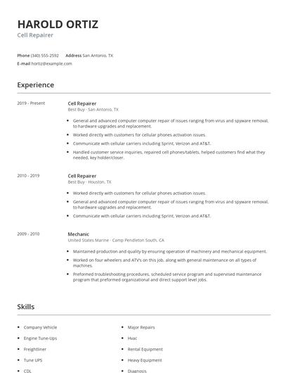 Cell Repairer Resume