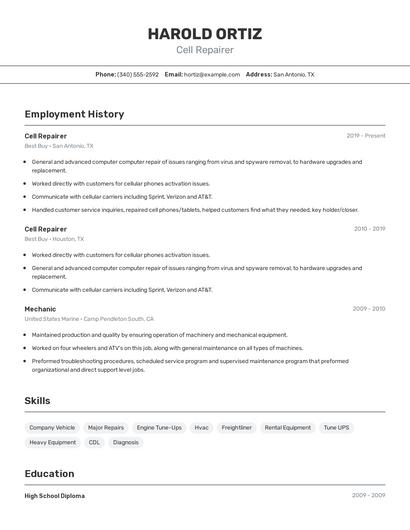 Cell Repairer Resume