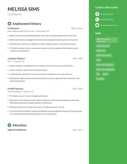 Cell Repairer Resume