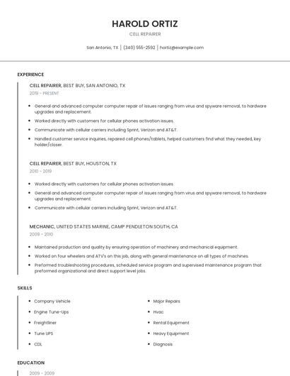 Cell Repairer Resume