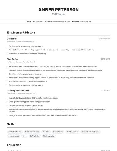 Cell Tester Resume