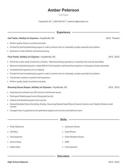 Cell Tester Resume