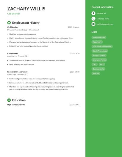 Cell Worker Resume