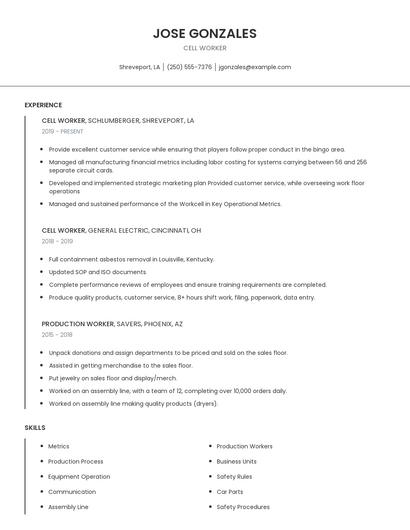 Cell Worker Resume