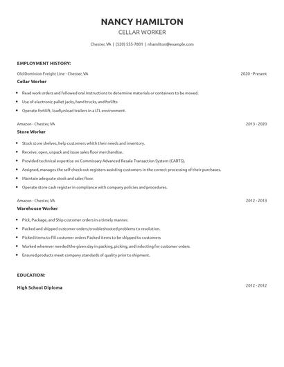 Cellar Worker Resume