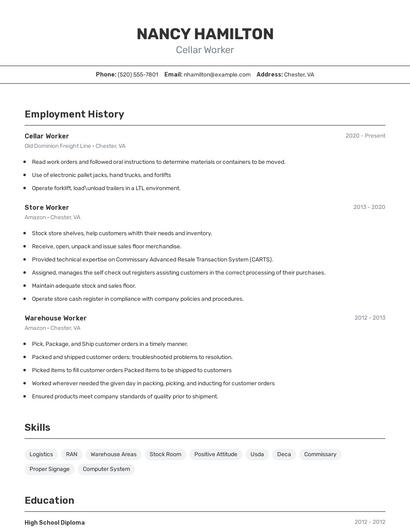 Cellar Worker Resume