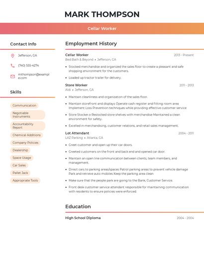 Cellar Worker Resume