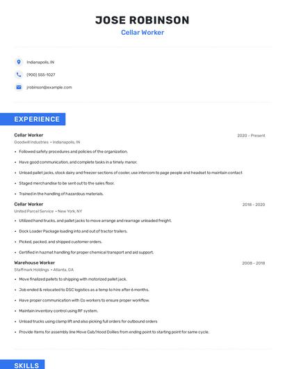 Cellar Worker Resume