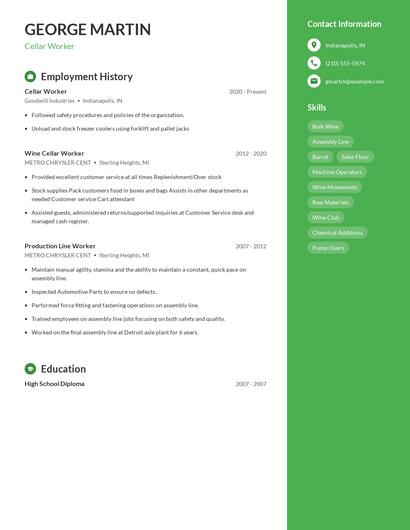 Cellar Worker Resume