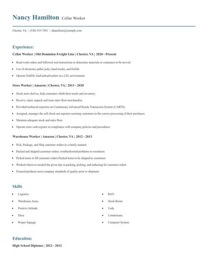 Cellar Worker Resume