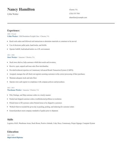 Cellar Worker Resume