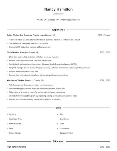 Cellar Worker Resume