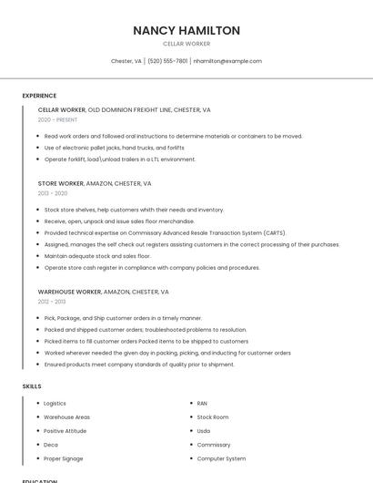 Cellar Worker Resume