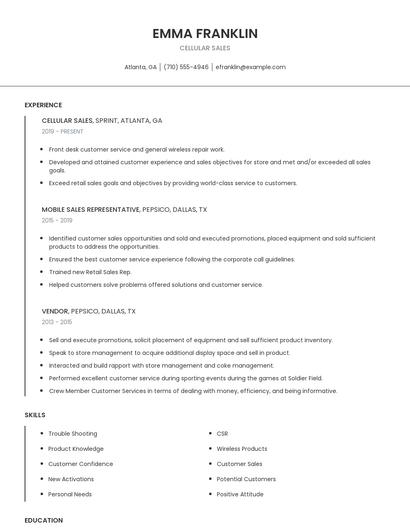 Cellular Sales Resume