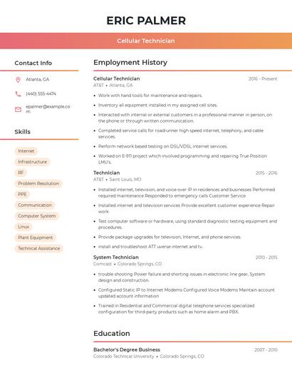 Cellular Technician Resume