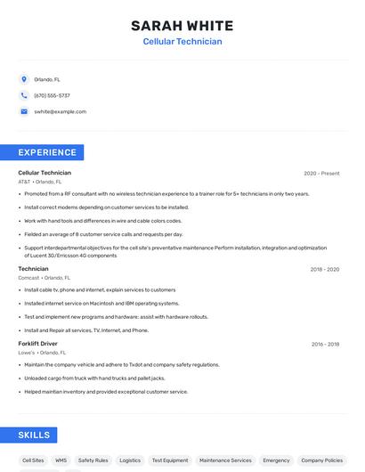 Cellular Technician Resume