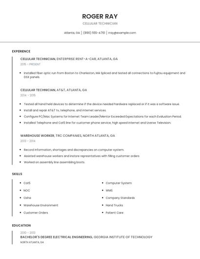 Cellular Technician Resume