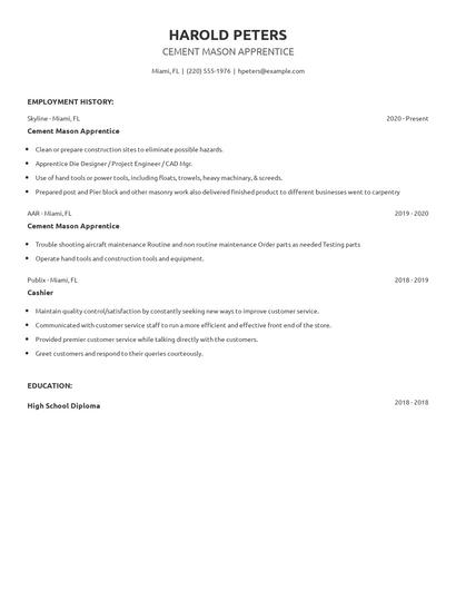 Cement Mason Apprentice Resume