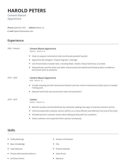 Cement Mason Apprentice Resume