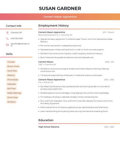 Cement Mason Apprentice Resume