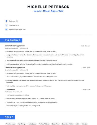 Cement Mason Apprentice Resume