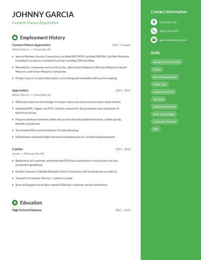 Cement Mason Apprentice Resume