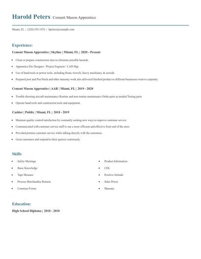 Cement Mason Apprentice Resume
