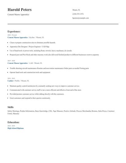 Cement Mason Apprentice Resume