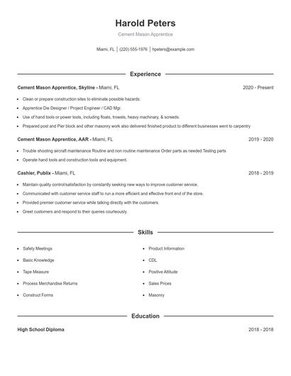 Cement Mason Apprentice Resume