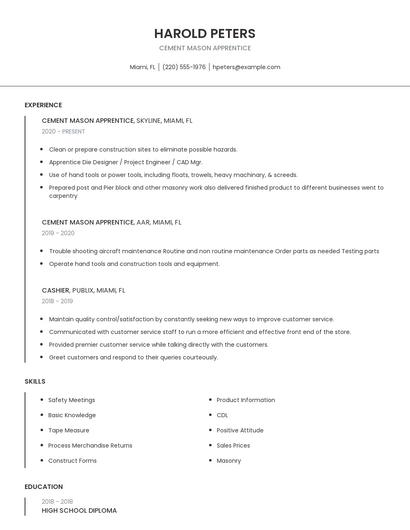 Cement Mason Apprentice Resume