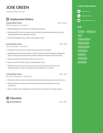 Cement Mixer Driver Resume