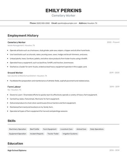 Cemetery Worker Resume