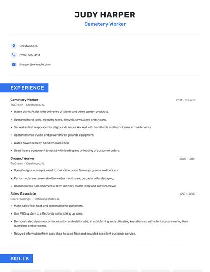 Cemetery Worker Resume